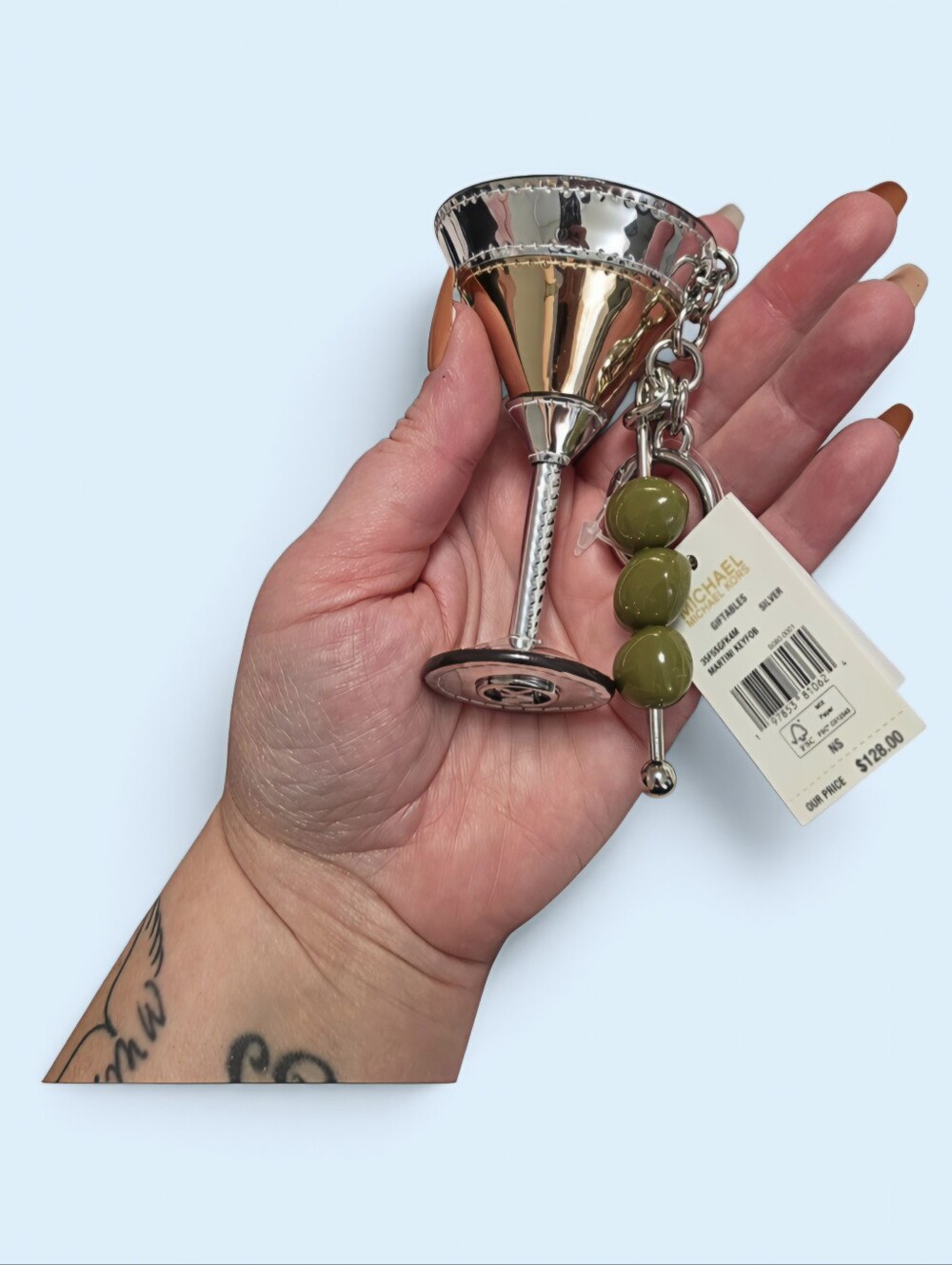 Michael Kors Silver Martini Glass Keychain with Green Olive Charms
